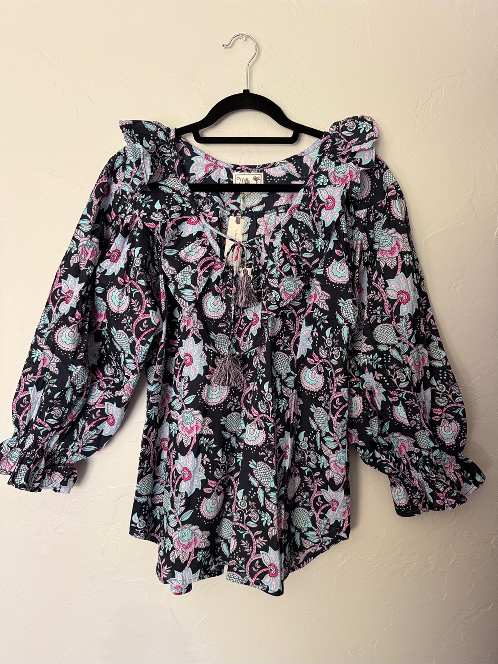 Ruffled Tassel Peasant Blouse - Black with Pink & Teal Floral
